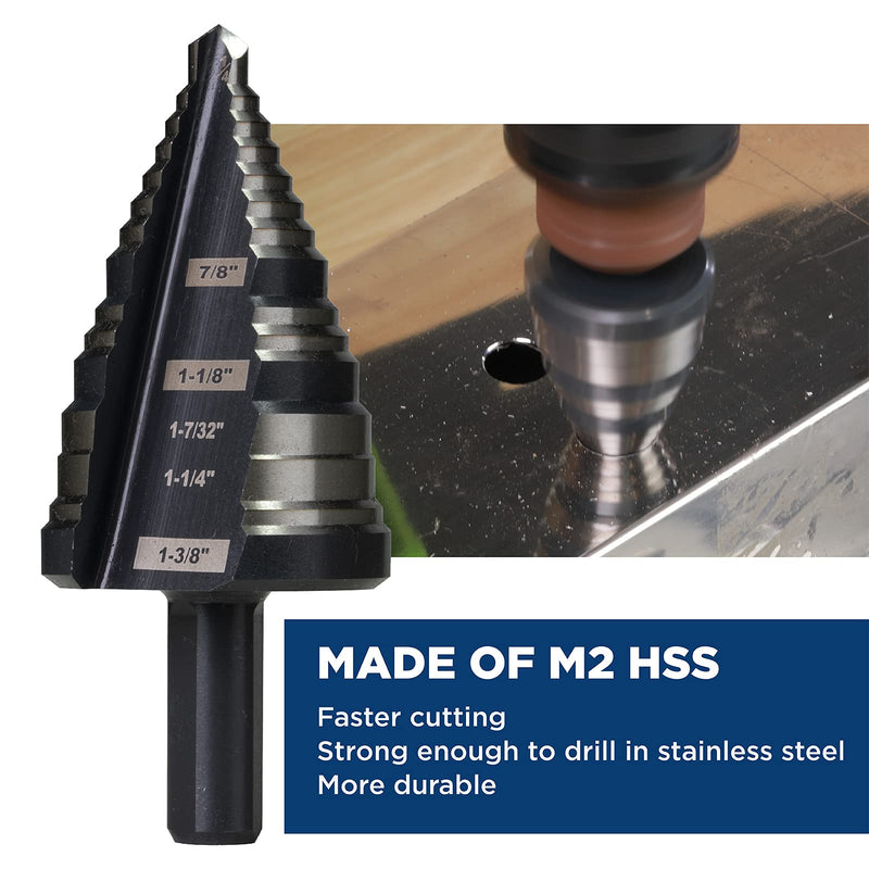 1/4 to 1-3/8 Inches M2 HSS Step Drill Bit for Metal, Plastic, Wood, Aluminum, Heavy Duty Unibit with Multi Hole Sizes 1/4" to 1-3/8"