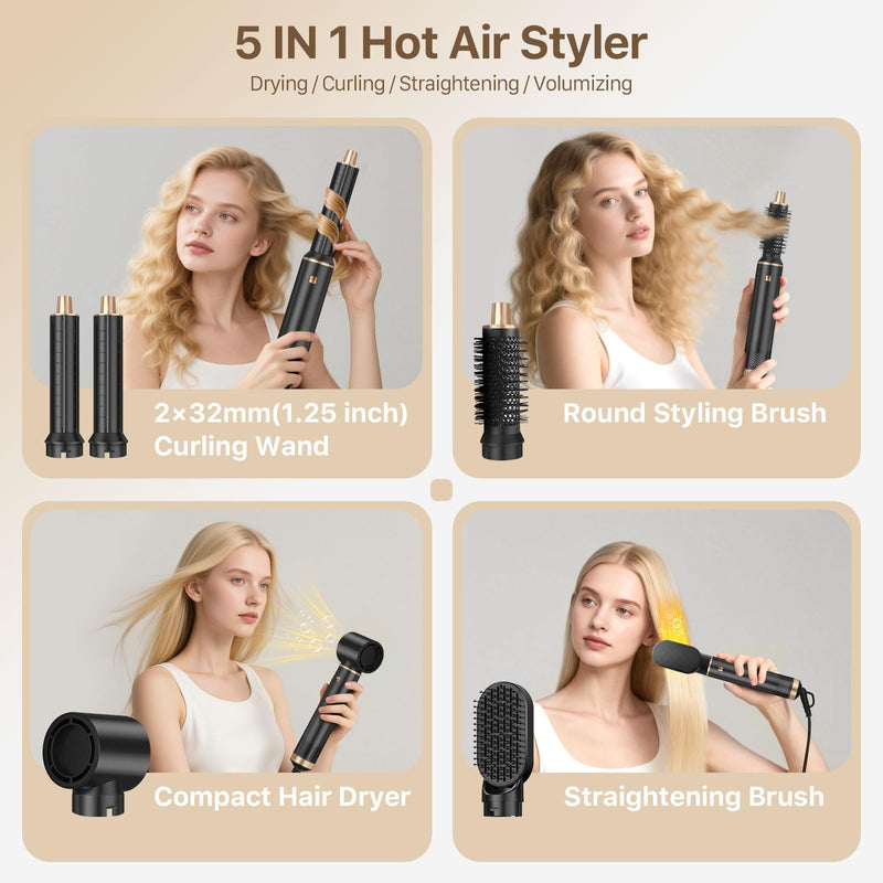 Sendowtek 5 in 1 Hot Air Styler Brush 1000W Hairdryer and Curler | Multi Tool Brush Curler, 3 Level Heat Comb for Rotating Straightening Volumize, Hot-Air Auto Wrap Styling Tool for Women