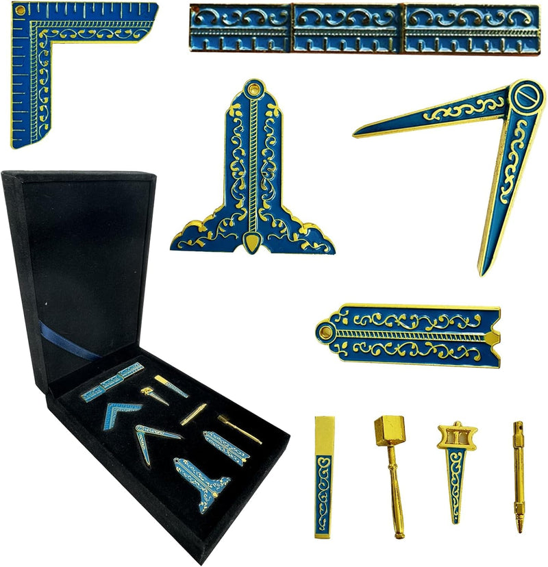 Imasoner Bondi Blue Enamel Masonic Working Tool Set, Miniature Freemason Ritual Tools with Velvet Box, Perfect Ceremonial Gift Set for Freemasons