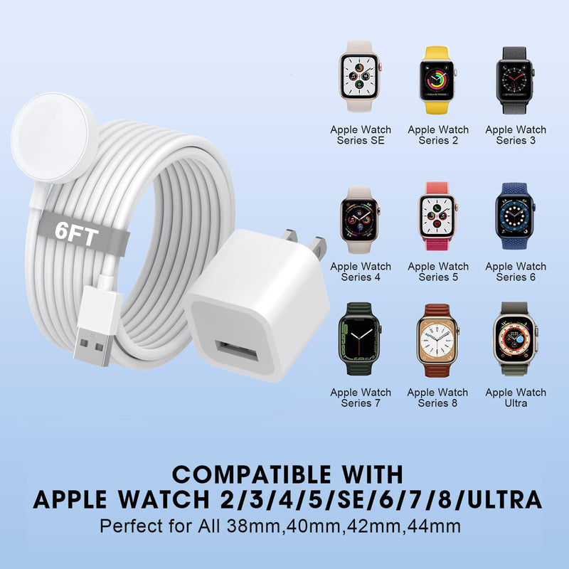 Watch Charger for Apple Watch Charger,Long 6.6FT iWatch Portable Wireless Fast Charging Cable Cord with USB Wall Charge Plug Adapter Block Compatible with Apple Watch Series 10/9/8/7/SE/6/5/4/3/2