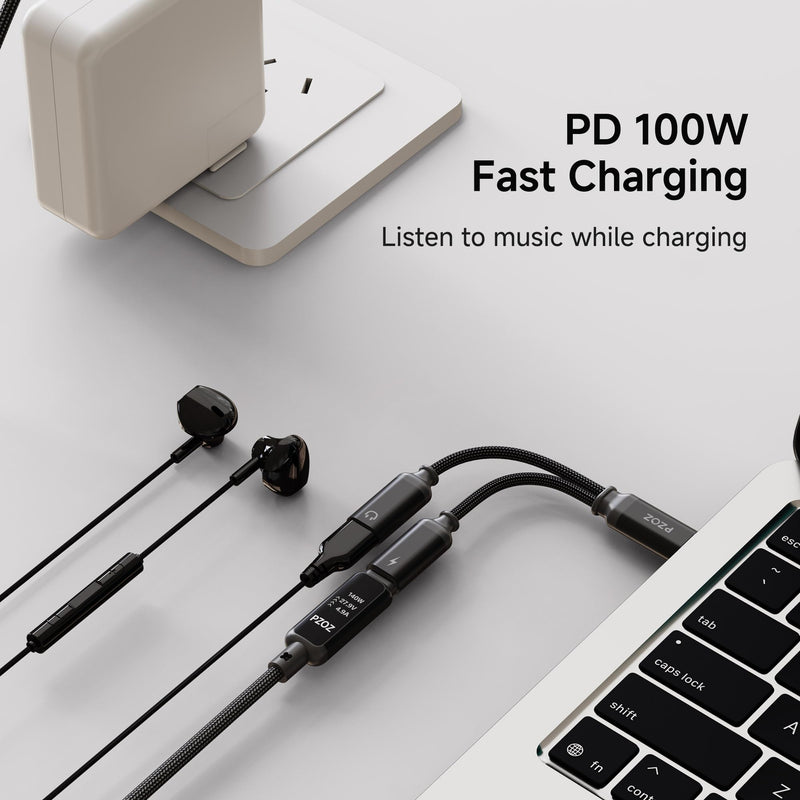 pzoz USB C Headphone Adapter, 100W Audio Charging Splitter for iPhone | 2-in-1 USB-C adapter lets you charge and use wired headphones at the same time, perfect for music, gaming and calls.