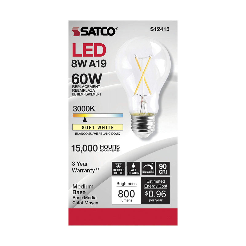 Satco 8 Watt LED A19 Clear Light Bulbs - Medium Base - 3000K Soft White - 120 Volt (6 Pack)