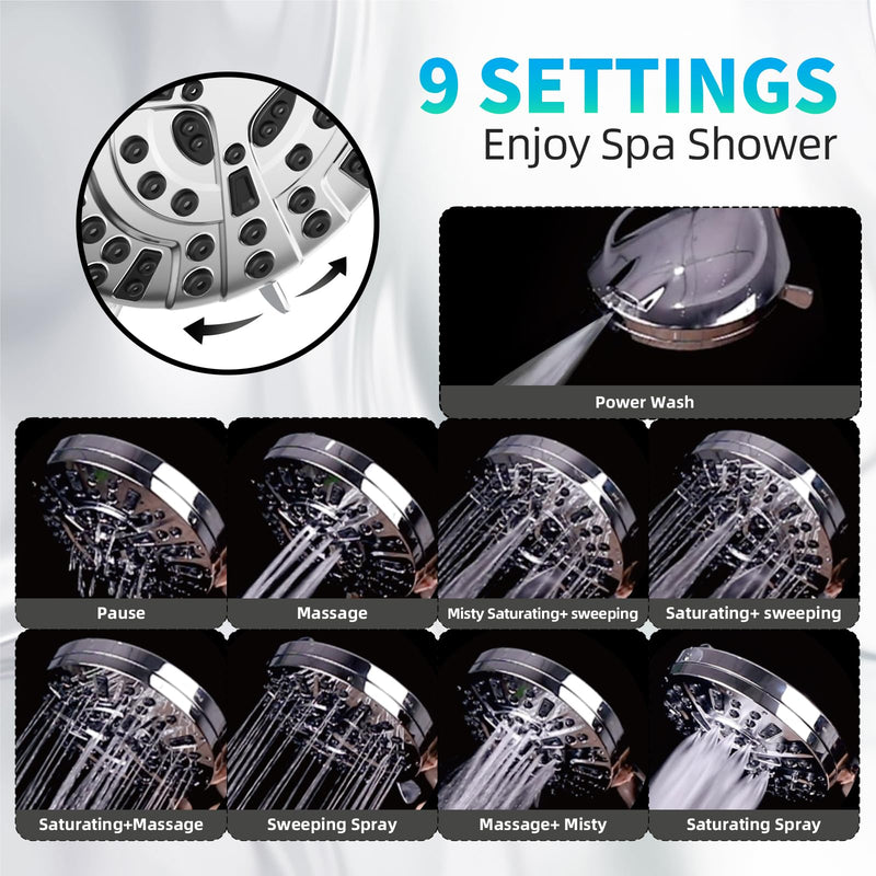 BESAQUO Shower Head, 9 Settings High Pressure shower head with handheld, Built-in Pause Mode & Power Wash, Non-Clogging Nozzles, 6ft Hose,Bracket(Premium Chrome, 14591)