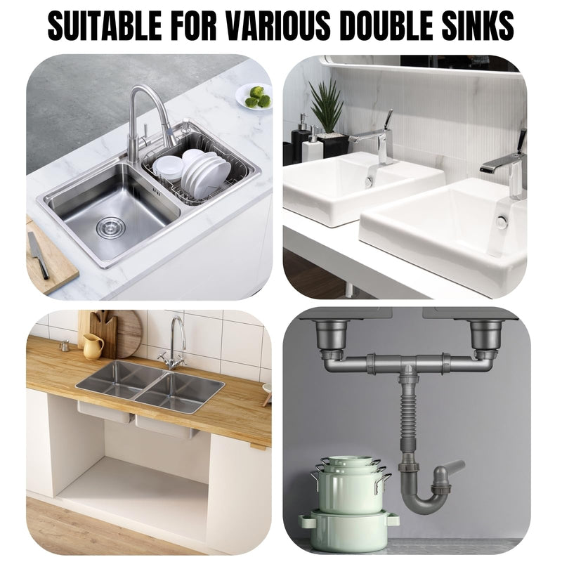 1-1/2" Double Kitchen Sink Drain Pipe kit, Expandable and Flexible P-Trap, Wall-Outlet, Completed Sink Pipe Replacement Kit