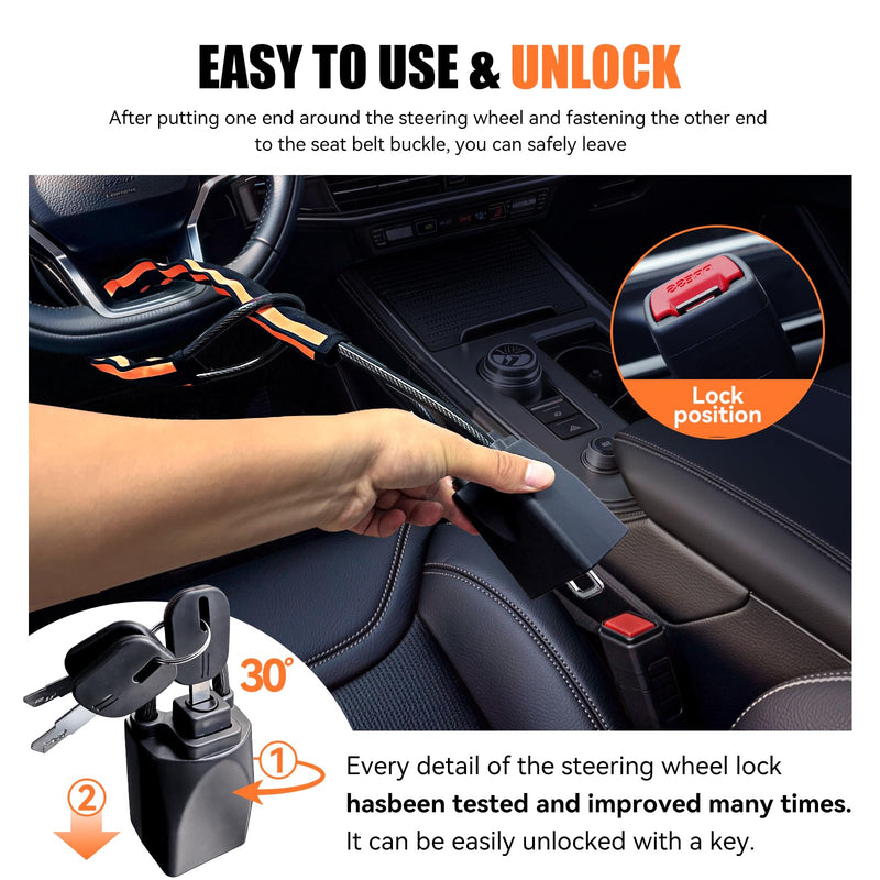 Steering Wheel Lock Anti-Theft Device, Heavy Duty Car Security Vehicle Lock with Keys, Universal Fit Adjustable Bright Orange Black for Cars Trucks SUVs