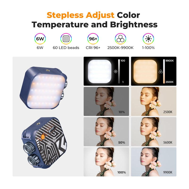 K&F CONCEPT RGB Video Light, 360° Full Color Portable Photography Light, LED Camera Light w 21 Light Effects, 2500K-9900K CRI 96+, 2000mAh Rechargeable Photography Lighting for Vlogging, Selfie, Blue