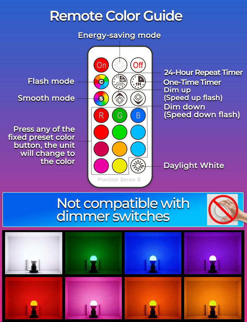 ILC Color Changing LED Light Bulb, A15 40W Equivalent, 5000K Daylight White, 450LM 5W E26 Screw Base RGBW, Mood Light Bulb - RGB 12 Color Choices - Timing Infrared Remote Control Included (8 Pack) 8 Count (Pack of 1)