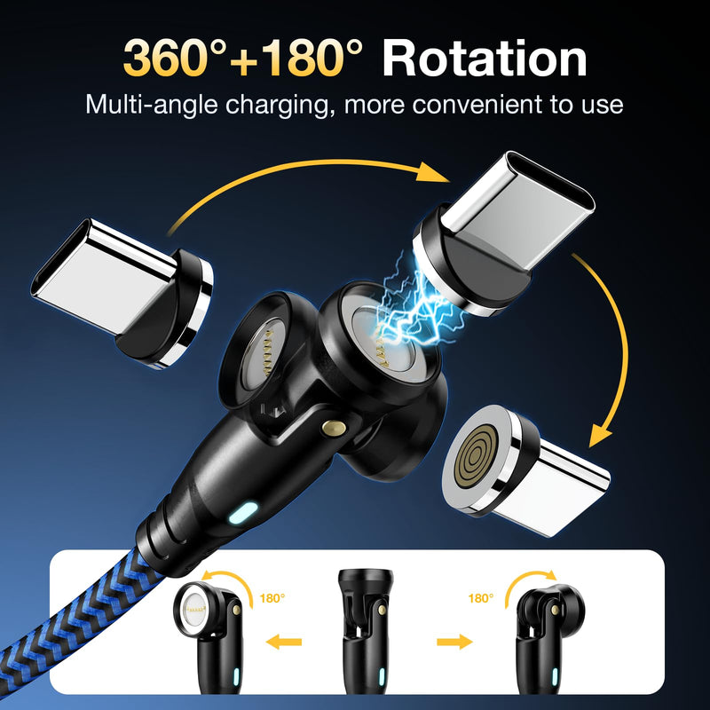 USB C Magnetic Charging Cable, 60W Type C Magnetic Phone Charger Cable | [4 Pack, 1ft+3ft+3ft+6ft] 7 Pin Type C Charger Fast Charging USB C to USB C Cable 360 Rotation for Laptop Smartphone Tablet Blue