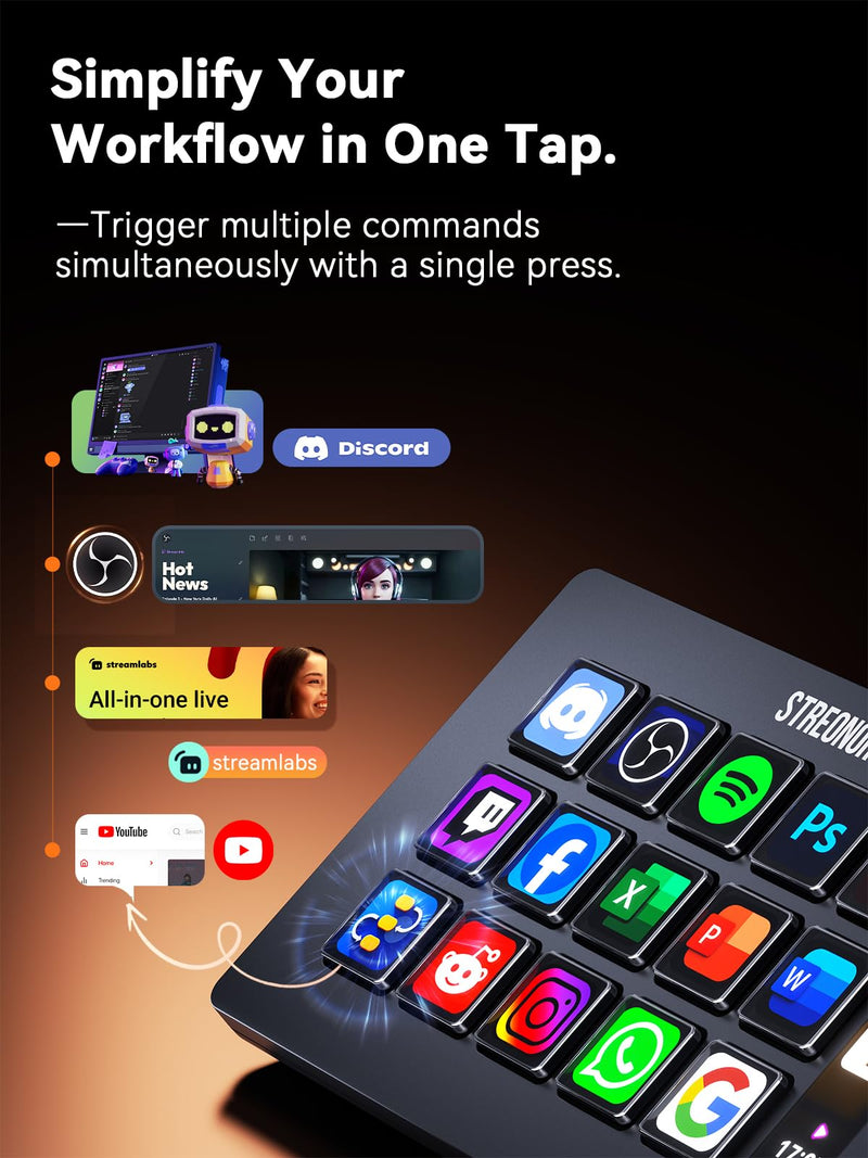 Streonor S15 Standard Stream Controller, Macro Keypad Shortcut | 15 Customizable Keys and 3 Status Displays, Macro Shortcut Deck for Live Streaming, Editing, Productivity, Windows & Mac