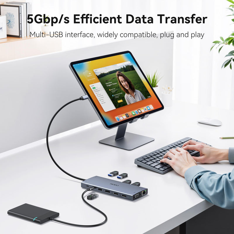 USB C Docking Station Dual Monitor for HP,Laptop Docking Station 3 Monitors | USB C Hub Dock with Dual 4K HDMI+8K DP+VGA+6USB+PD+Ethernet+SD/TF,USB C Adapter 15 in 1 Computer Docking Station for Dell 15-in-1((Gray)