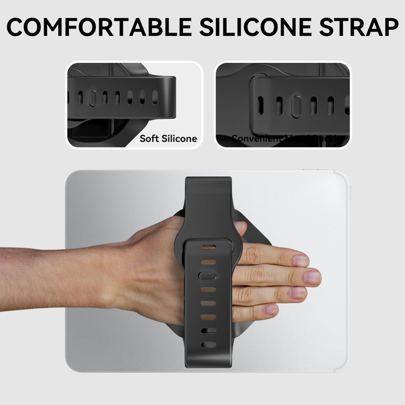 Universal Tablet Hand Strap Stand, 360° Rotatable 2-in-1 Handheld & Desktop Holder, Soft Silicone Wristband, 10KG Heavy Duty Anti Drop Mount for All Tablets,Black