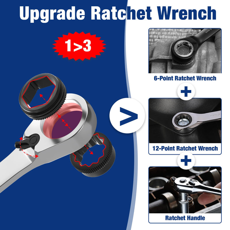 WORKPRO 7-Piece 3-in-1 Reversible Ratchet Wrench Set, Metric 8mm to 17mm, 6PT & 12PT & Open-End Wrenches, 72-Teeth Ratcheting Combination Wrench with Rolling Pouch