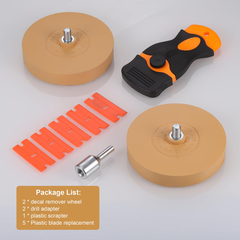 2pcs Rubber Eraser Wheel for Drill, Professional Car Sticker Remover Tool with 1 Plastic Scraper and Drill Adapters, Auto Decal Remover Wheel, Rapid Tint Removal Kit for Car Sticker Glue Vinyl Eraser 3.5 Inch