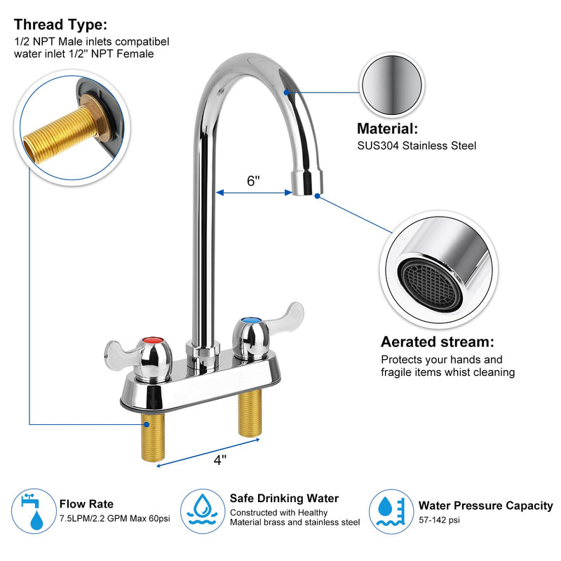 4" Center Commercial Bar Sink Faucet, 2-Hole Deck Mount Utility Sink Faucet with 6" Gooseneck Swivel Spout & Dual Lever Handles for Laundry Tub RV Bar Sink, Brass Constructed, Chrome