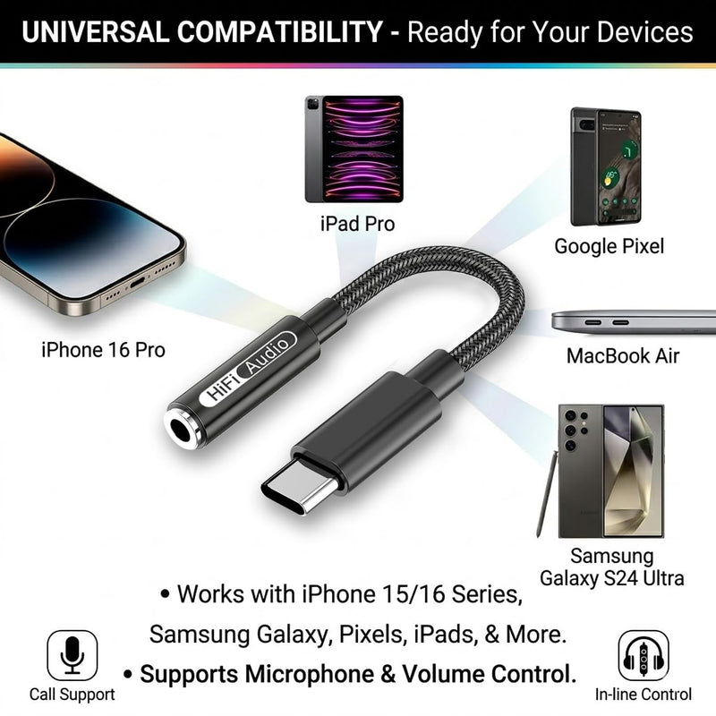 USB C to 3.5mm Hi-Res Audio Adapter, Built-in DAC, Type C to Aux Headphone Jack, Studio Quality Sound, Supports Calls, Compatible with iPhone 15 16 17, Samsung Galaxy S25 S24 S23, MacBook, iPad, Pixel Hi-Res (384kHz, 1 Pack)
