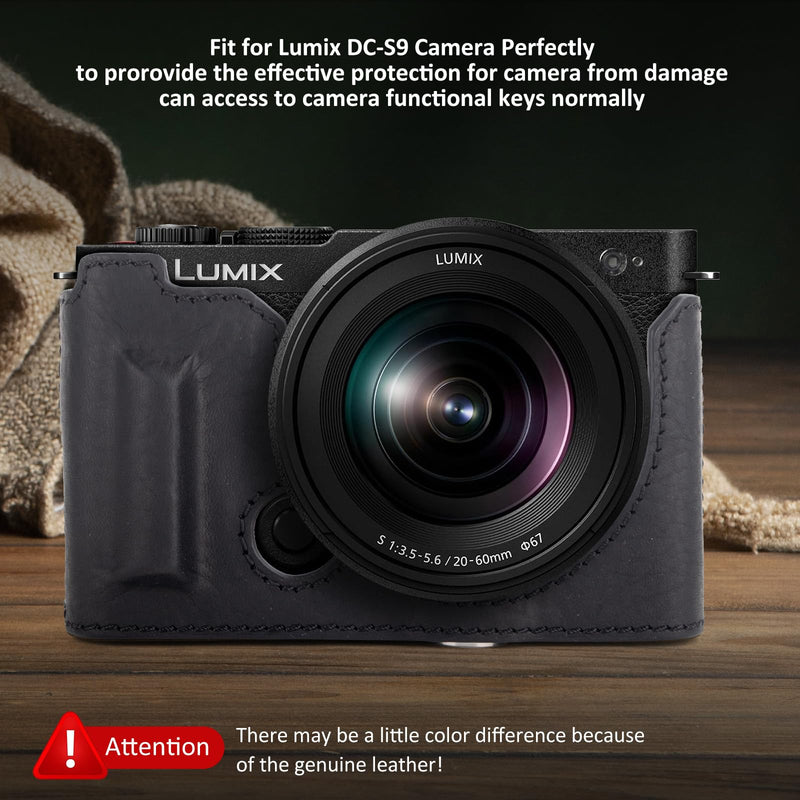 MUZIRI KINOKOO Half Case Compatible for Panasonic Lumix DC-S9 Camera, Genuine Leather Protective Cover for Lumix S9 Mirrorless Camera - with Opening Bottom and Hand Grip Design - Black