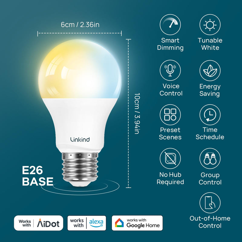 Linkind Smart Light Bulbs, Warm White to Daylight (2700K-6500K), Alexa Light Bulbs, Work with Alexa, Google Home, AiDot, 60W Equiv, Efficient 8.5W, 2.4G WiFi Bluetooth LED CRI>90, A19 E26 800LM, 4Pack 4 Pack Non-Matter-enabled
