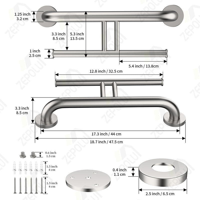 Brushed Nickel Handicap Grab Bar w/Toilet Paper Roll Holder, Zepolu 2-in-1 Safety Assist Bar Balanced Support Handle 17 Inch, Stainless Steel Wall Mounted Bathroom Toilet Grab Bar for Senior Elderly paper holder - brushed nickel