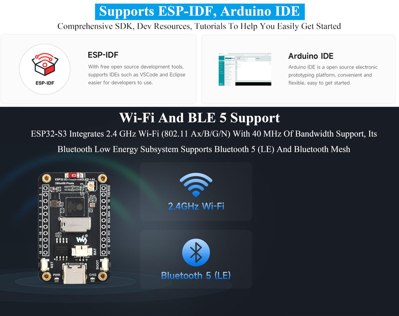 ESP32-S3 with 1.64inch AMOLED Touch Display Development Board, 280 x 456, QSPI Interface, Onboard Accelerometer and Gyroscope Sensor,Type-C, UART, I2C, etc. Ideal for HMI and ESP32-S3 Applications