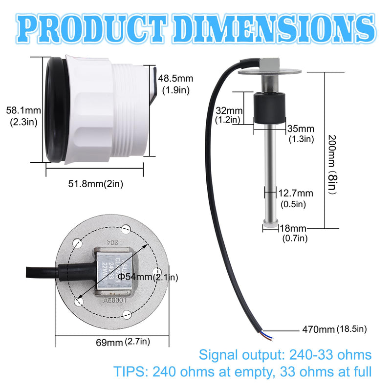 Geloo Fuel Sending Unit with Fuel Gauge Kits 8" (200mm) Boat 316 Stainless Steel Fuel Level Sensor Fuel Water Tank Sender Gas Tank Sending Unit Boat Gauge for Boat Truck RV 240-33ohms 240-33 ohms 8" (200mm)