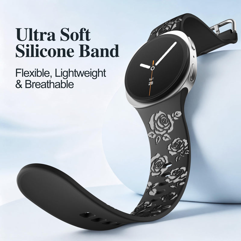 Floral Bands for Samsung Galaxy Watch 9 8 40mm 44mm Watch 8 Classic 46mm | Glossy Floral Engraved, Soft Waterproof Silicone, Sport Strap for Galaxy Watch 9 Band Women Men, Ideal for Workout Office Black