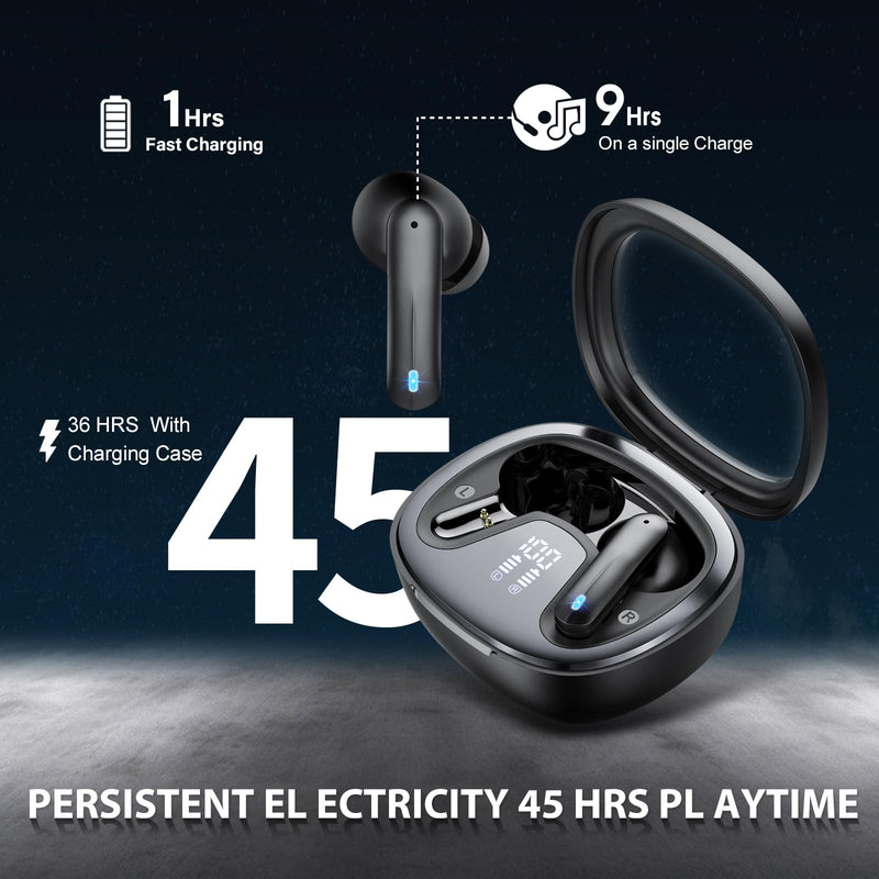 Wireless Earbuds Bluetooth 5.4 in Ear Earbuds HiFi Stereo Headphones, Black | 4 ENC Noise Cancelling Mic, 45H, LED Display, IP7 Waterproof Ear Buds for Android/iOS, Earphones for Phone Sports