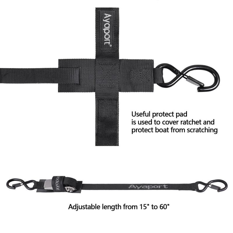 Ayaport Boat Tie Down Straps to Trailer (Stainless Steel Ratchet) 5 Feet, 2400lbs Break Strength Heavy Duty Ratchet Boat Straps, Boat Transom Straps Boat Trailer Accessories for Boating Safety, Black 1" x 5' -Stainless