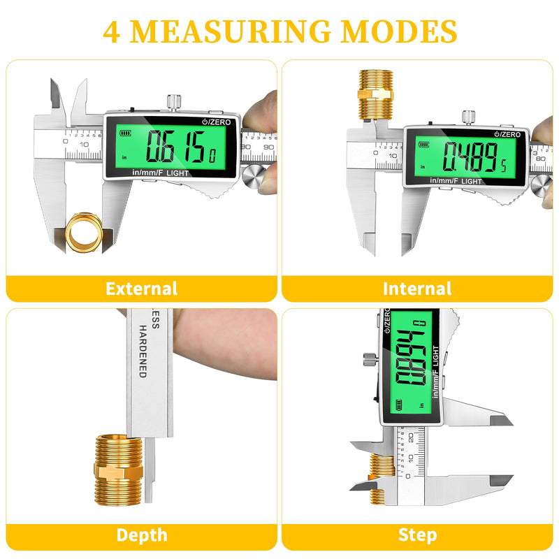 Rechargeable Digital Caliper 6 Inch, Stainless Steel Vernier Dial Calipers Measuring Tool - Backlit Large LCD Display, Inch/MM/Fraction, Auto-Off Micrometer for DIY, Household, 3D Printing
