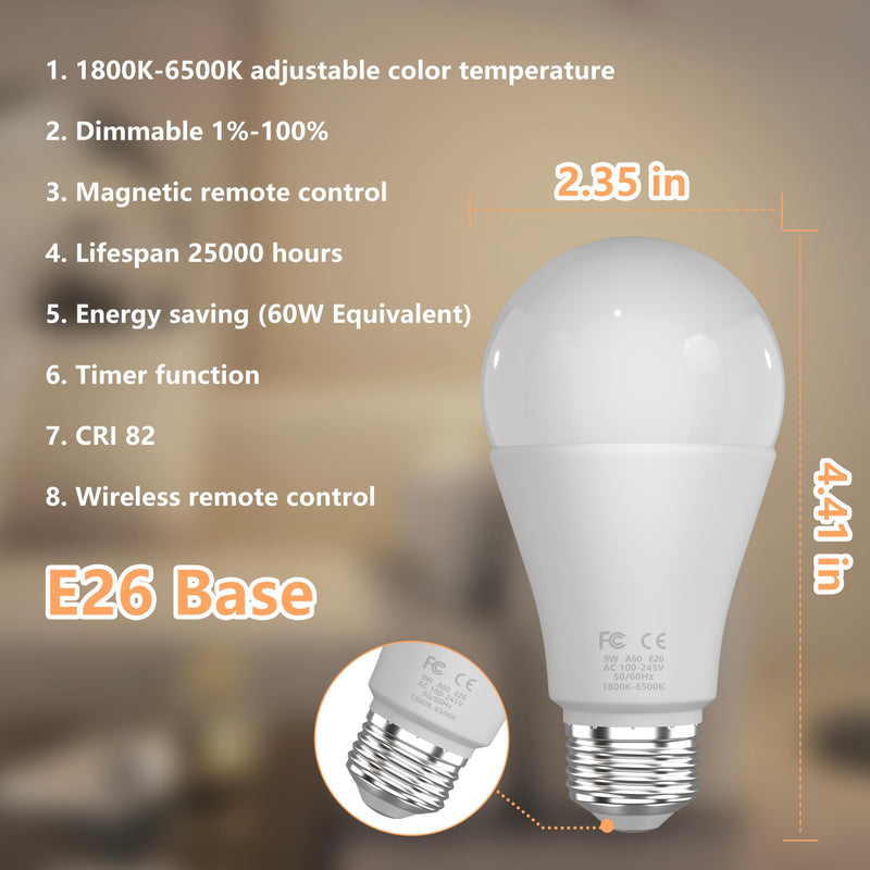 Amber Sleep Light Bulbs with Remote Control, 800LM 9W (60W Equivalent),Circadian Rhythm Light Bulb,Dim,1800K-6500K,E26,2.4G,Warm and Reading Light Bulb for Home Decor,2Bulb&1Remote Amber-9W-1Remote and 2Bulb
