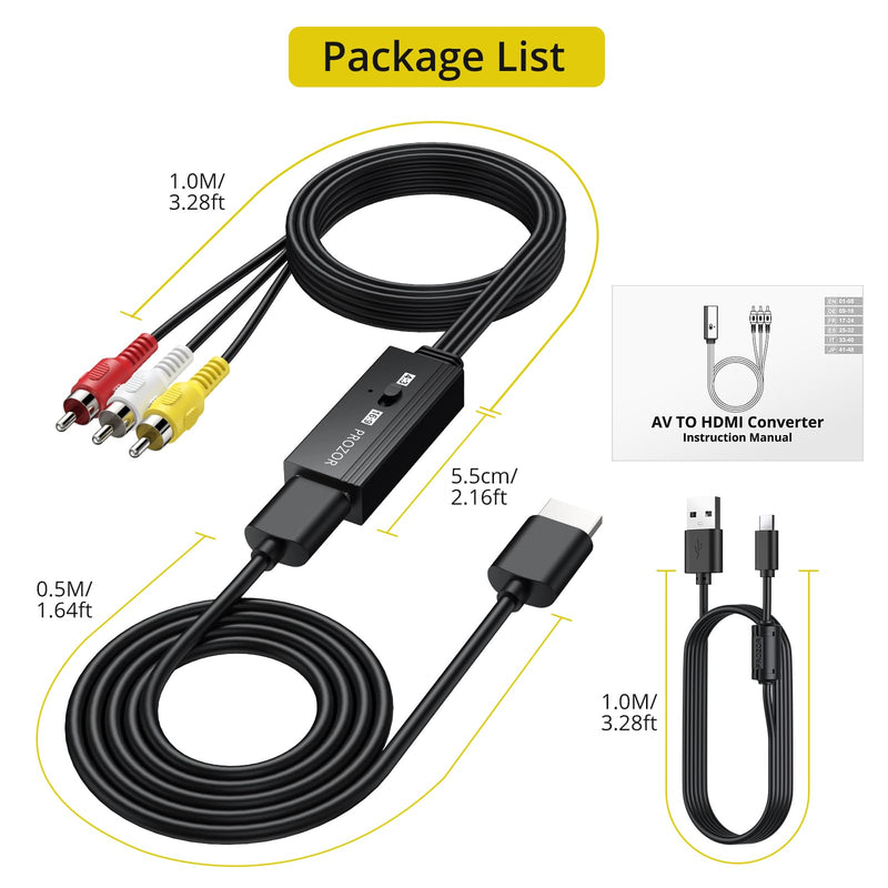 PROZOR RCA to HDMI Converter 1.5ft Cable, AV Composite CVBS Audio Video Adapter, 1080P, 4:3/16:9 Switch, for PS1/PS2/N64/Wii/Xbox, VCR/VHS/DVD Players to HDTV, Plug & Play