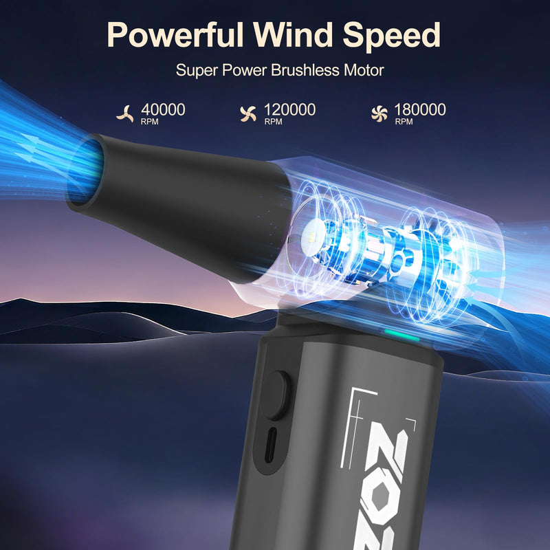 Compressed Air Duster, 180000RPM Powerful Cordless Electric Air Duster with Brushless Motor and LED Light, Rechargeable Stepless Speed Regulation Dust Blower for PC, Keyboard, House, Car and Outdoor Grey