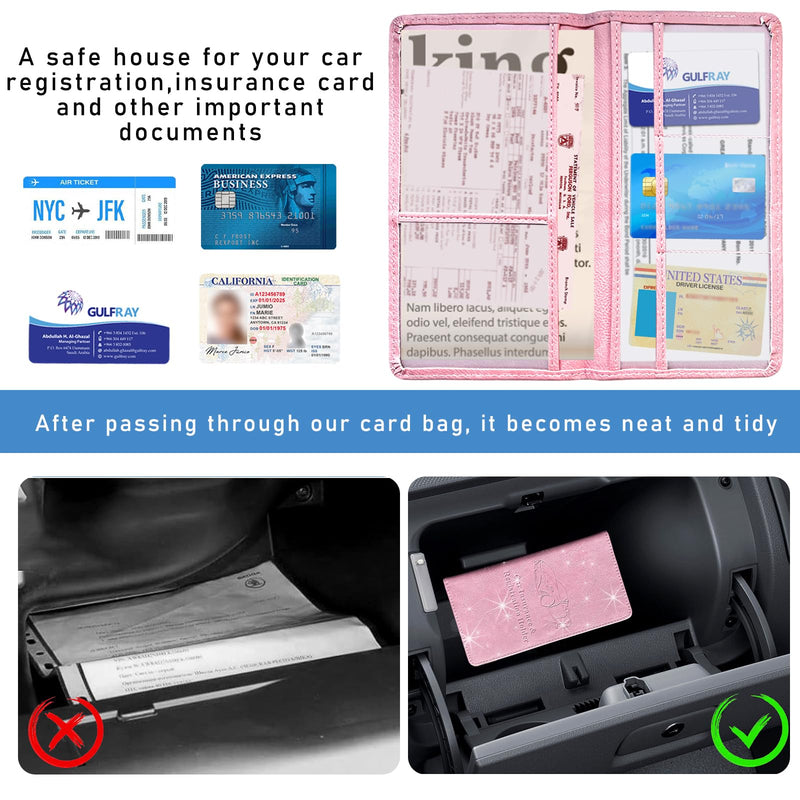 Ziciner Car Registration and Insurance Holder, Auto Card Document Glove Box Organizer with Magnetic Closure, Universal Vehicle Interior Accessories for Cars SUVs (Pink-Large) Pink L-9.4×5.1"