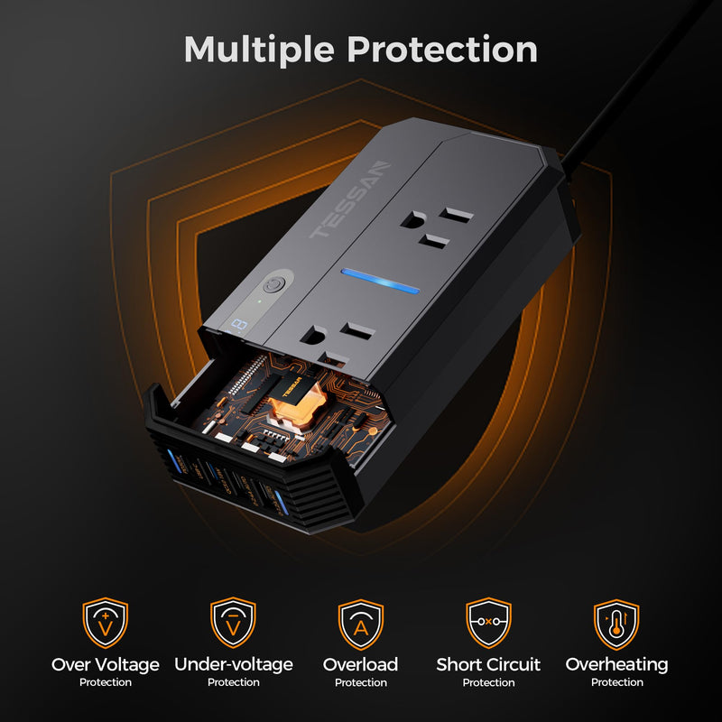 200W Car Power Inverter, TESSAN 12V DC to 110V AC Converter with 2 AC Outlets and 4 USB Ports, PD/QC 3.0 Fast Charging, Car-Essentials for Camping, Road Trip, Gray