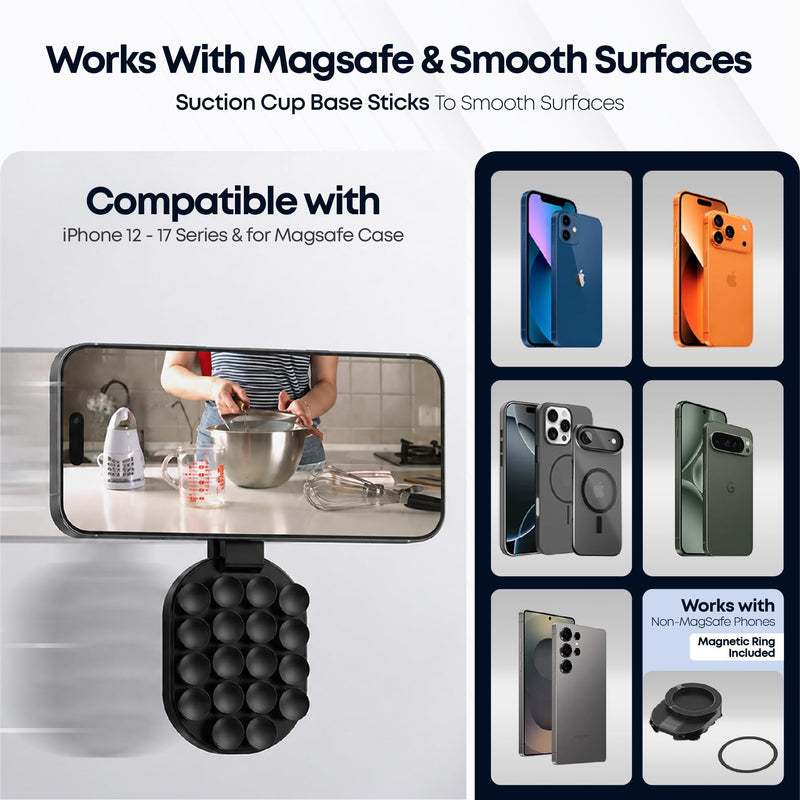 ALCOVA MagLock 3-in-1 Suction Magnetic Phone Holder for MagSafe | Phone Tripod Mount with Carabiner Clip, Compatible with iPhone 17-12, Ideal for Car Dashboard, Gym, Kitchen, Office