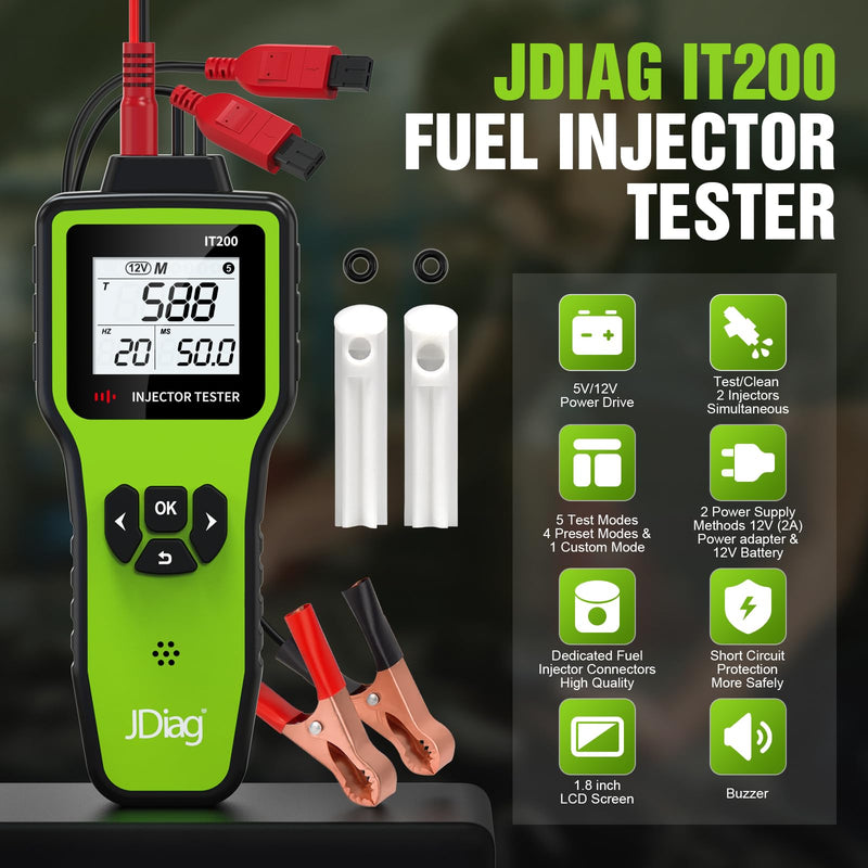 JDIAG Universal Fuel Injector Tester Cleaner Kit - 4 Preset & 1 Custom Mode, Test 2 Injectors Simultaneously, DIY Cleaning Tools with Dedicated Fuel Injector Connectors, 12V/5V Output Power