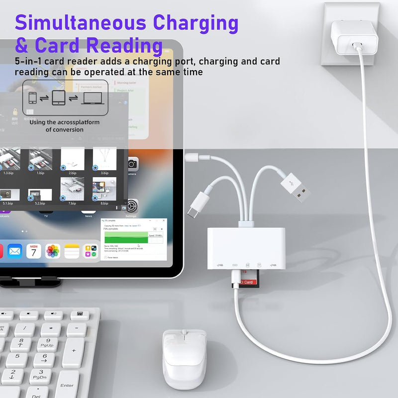 5-in-1 SD Card Reader for iPhone with USB-C, USB-A & OTG Adapter | Lightning, USB-C & USB-A Card Reader with SD/TF Slots, USB Port and Charging for iPhone, iPad, Android, MacBook & PC White