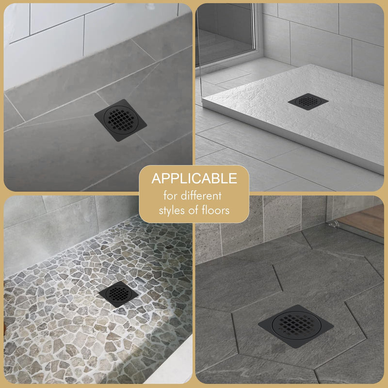 4” Drain Grate Kit - Compatible with Schluter Kerdi-Drain Flange - Shower Floor Drain Kit with Adjustable Collar - Removable Square Drain Set - SUS 304 Stainless Steel Grate - Matte Black 4 Inch Kit without Flange