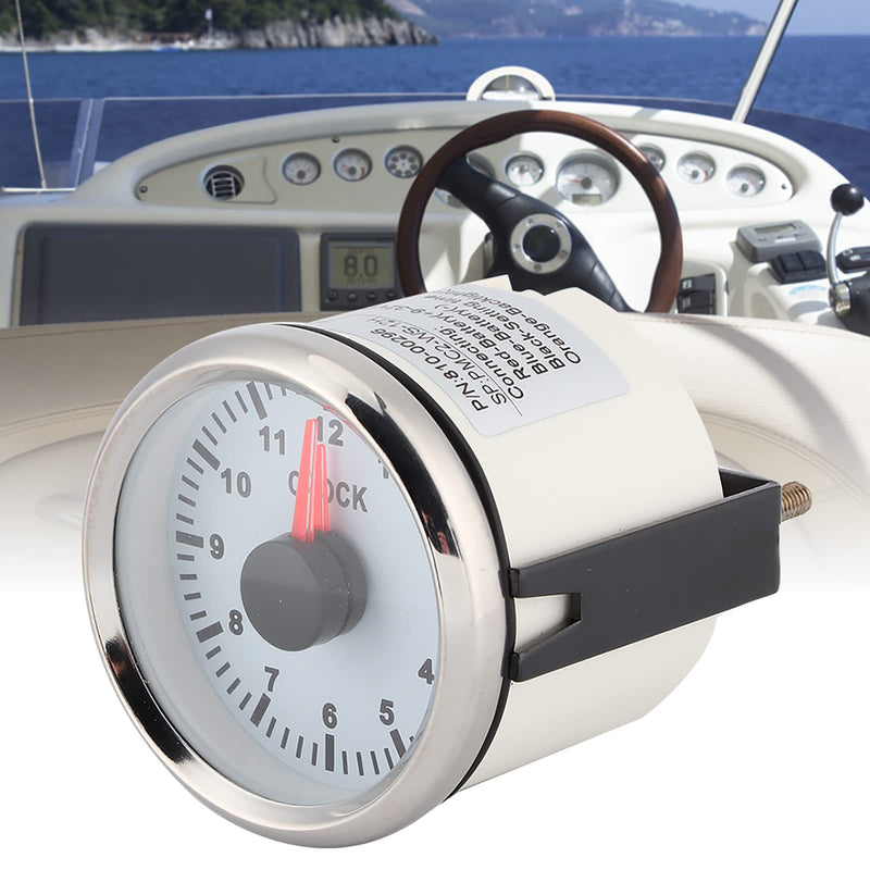 Dashboard Time Clock, 2in Universal 0-12 Hourmeter Clock Instrument Panel Gauges Display Red Backlight 12V/24V for Car Boat Yacht (White Dial Silver Frame)