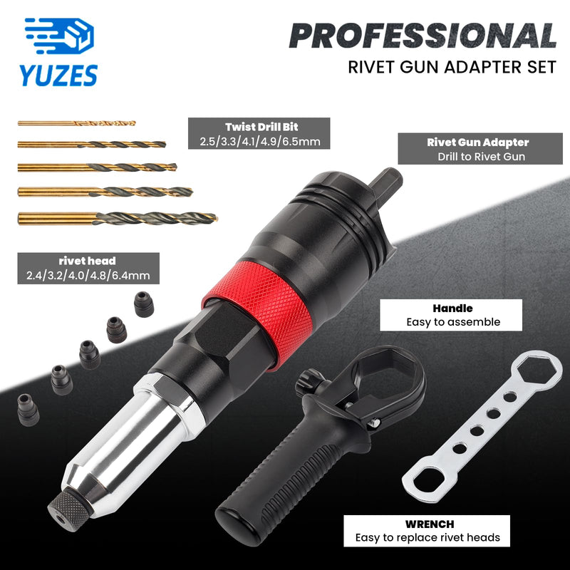 YUZES Rivet Gun Kit Adapter for Cordless Drills and 8mm Ratchet Wrench, Rivet Tool with (3/32", 1/8", 5/32", 3/16", 1/4") Interchangeable Rivet Heads and 5 Twist Drill, Easy Processing for Pop Rivet