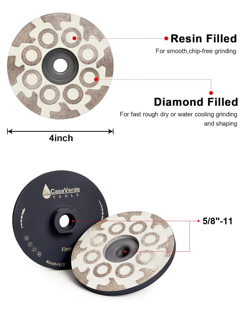 4" Flat Resin Diamond Cup Wheels，Diamond Cup Wheels with 5/8“-11 Thread for Granite，Marble and Engineered Stone Fine