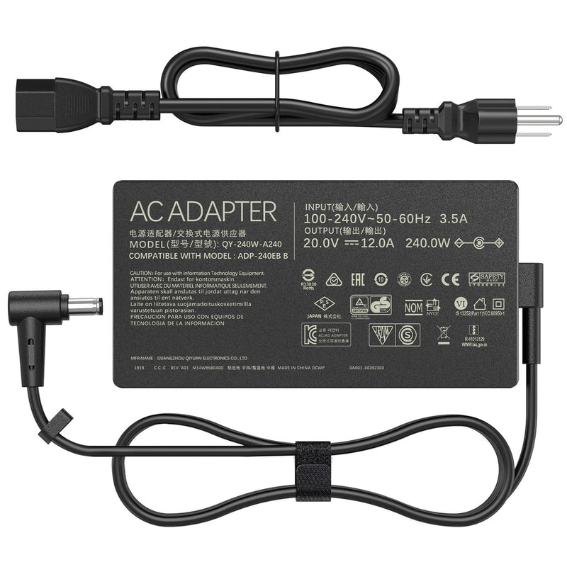 HHZ 240W 6.0*3.7mm Tip Laptop Charger Compatible with Asus ROG G17 G16 G15 | 20V/12A Adapter For Scar 17 15 TUF Gaming A15 A17 F15 F16 F17 Zephyrus G14 G16 M16 S15 Duo 15 S17 ProArt 16 ADP-240EB B