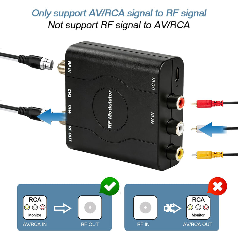 RCA to RF Modulater for TV, AV to Coaxial RF Converter with CH3/CH4 Switch, Analog Video Audio Modulator NTSC Format for Retro Game Console, VHS Player, DVD, VCR