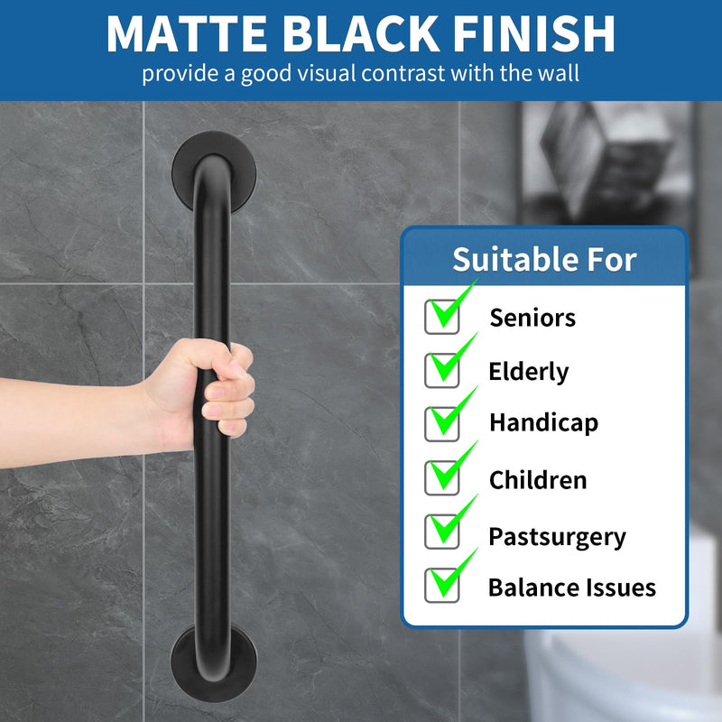 Safety Shower Grab Bars for Seniors, Stainless Steel Anti Slip Shower Handle, ADA Compliant Hand Rails, Holds up to 500 LBS Grab Bars for Elderly for Wall (Black, 12 Inches) 12 Inch
