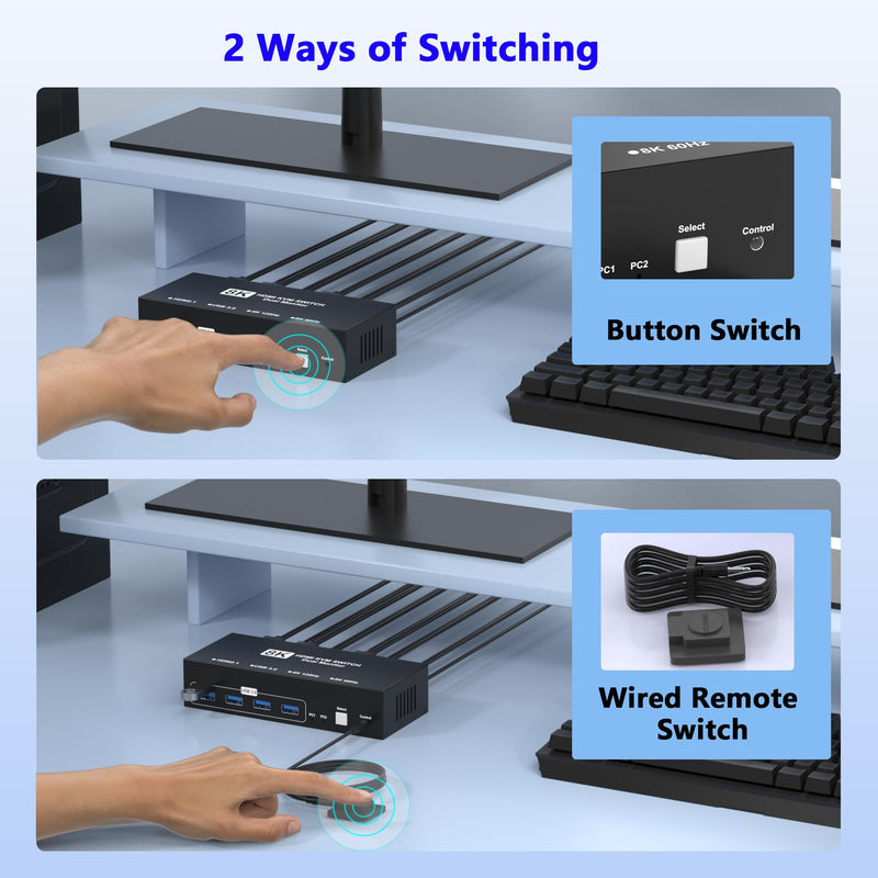 8K@60Hz HDMI KVM Switch 2 Monitors 2 Computers, USB3.0 Dual Monitor KVM Switches with 4 USB 3.0 Ports Sharing Keyboard Mouse Printer, Computer Switch Monitor Switch for 2 Computers with Controller