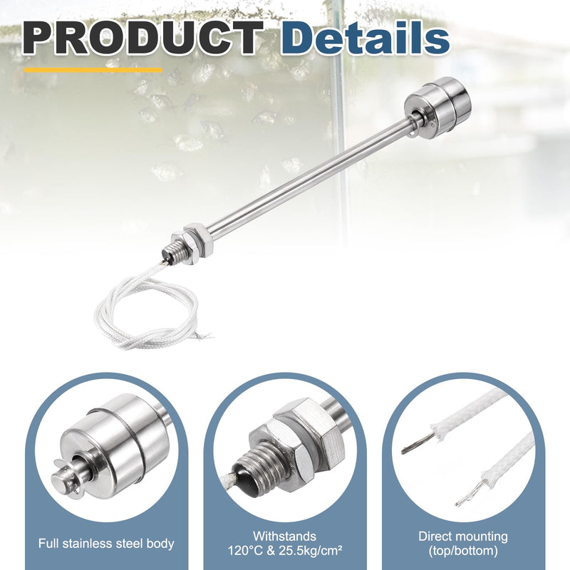 MECCANIXITY Stainless Steel Float Switch, 150mm Rod 110V DC 0.5A Vertical Water Level Sensor M10 Thread Single Tank Liquid Level Controller for Pump/Alarm 2 Pcs