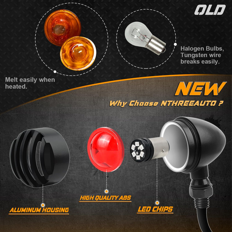 NTHREEAUTO Motorcycle Blinkers, Waterproof Aluminum Bullet LED Turn Signals, Rear Red Indicator Light Compatible with Harley Dyna, Honda, Yahama, Bobber,Suzuki and Kawasaki 12V Motorbikes Black/Red