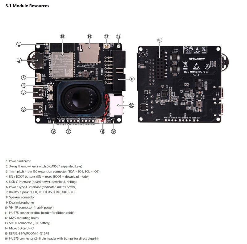 RGB Matrix HUB75 S3 LED Controller Board with Audio and SD Slot | HUB75 RGB LED matrix controller with Type-C power, microSD storage, audio codec, microphones and RTC interface