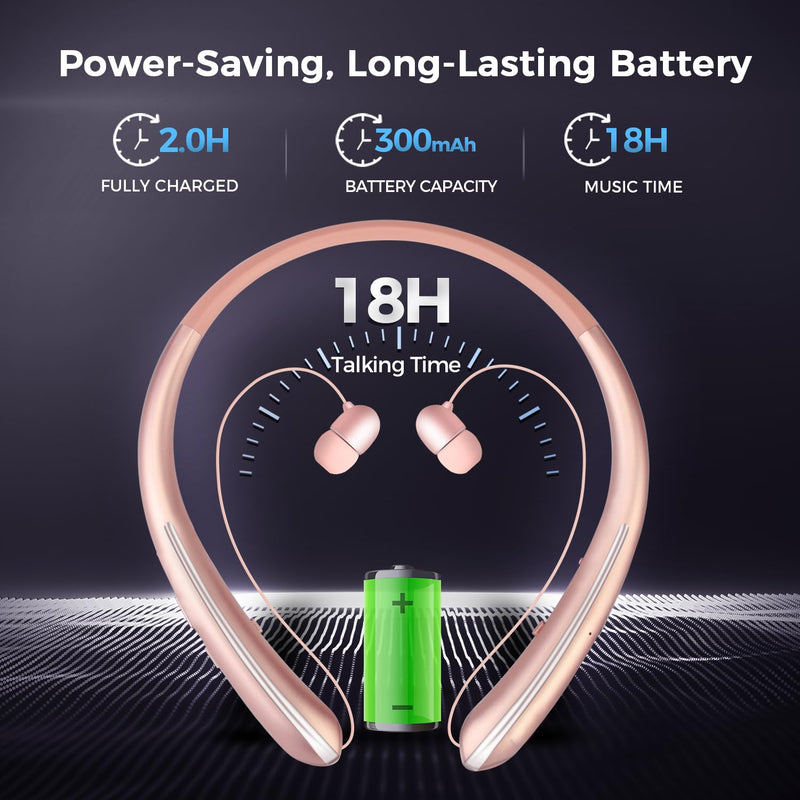 Neckband Bluetooth Headphones, Wireless Headphone with Retractable Earbud | Bluetooth 5.4, 16Hrs Playtime, IPX5 Sweatproof, Around The Neck Headphones Stereo Headset for Sports RoseGold