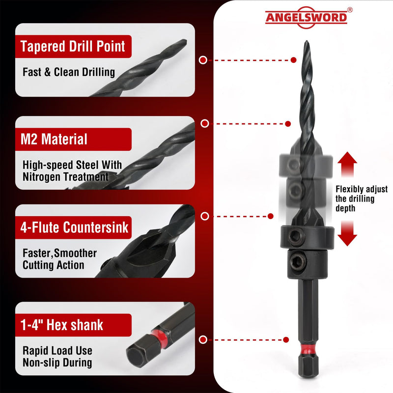 ANGELSWORD Countersink Drill Bit Set, 19 PCS Tapered Drill Bits Counter Sink Drill Bit with 4PCS Wood Plug Cutters, 1PC Magnetic Extension Bit Shaft for Woodworking