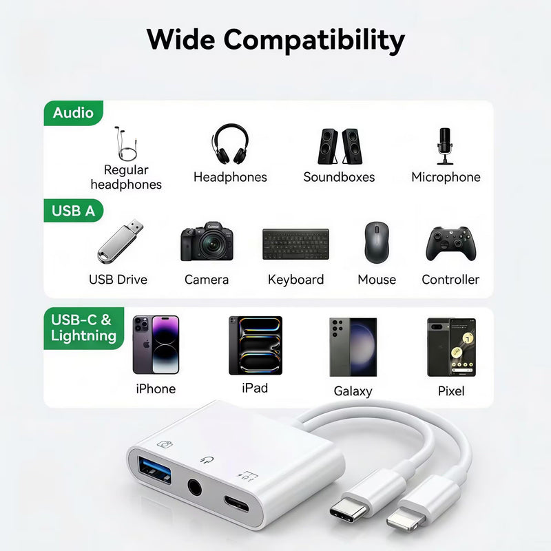 USB-C & Lightning to 3.5mm Audio Jack Adapter, Lightning to USB C Adapter with USB-A OTG Port and 3-in-1 USB-C Port for Charging, Data Transfer & Aux Audio, Compatible with iPhone17 iPad Galaxy S26